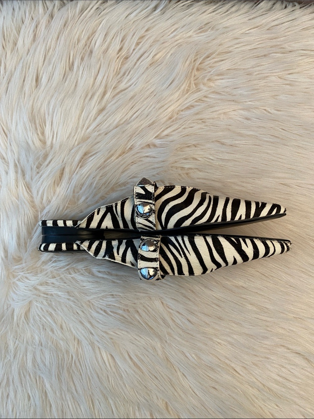 Shu Shop Alma Leather Zebra Hair Studded Pointed Toe Mules, Size 6 - Picture 12 of 16